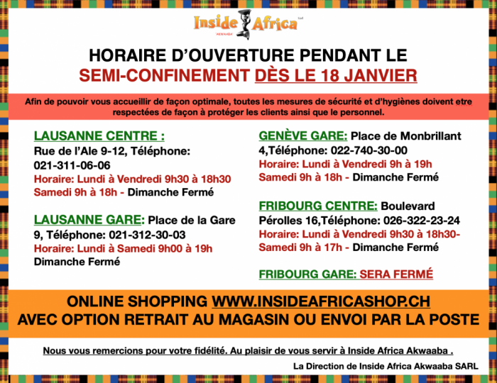 Horaire d'ouverture Inside africa en Suisse